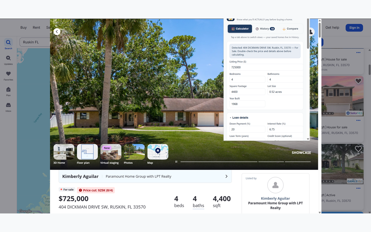 Calculator with a detected Zillow listing